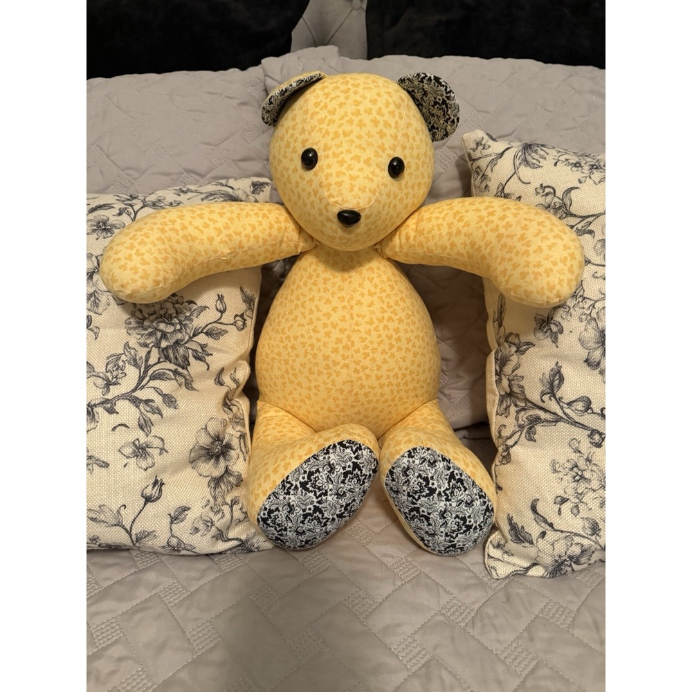 Handmade Teddy Bear Yellow Printed Butterflies with Black Floral Damask Fabric